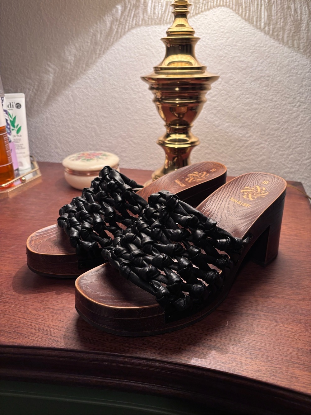 Sam & Libby Black Braided Strap Wooden Platform Mules